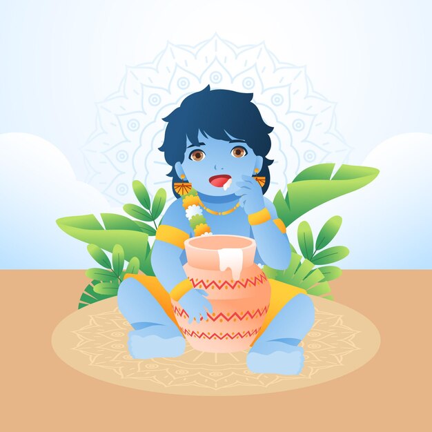 Градиентная иллюстрация младенца Кришны, едящего масло