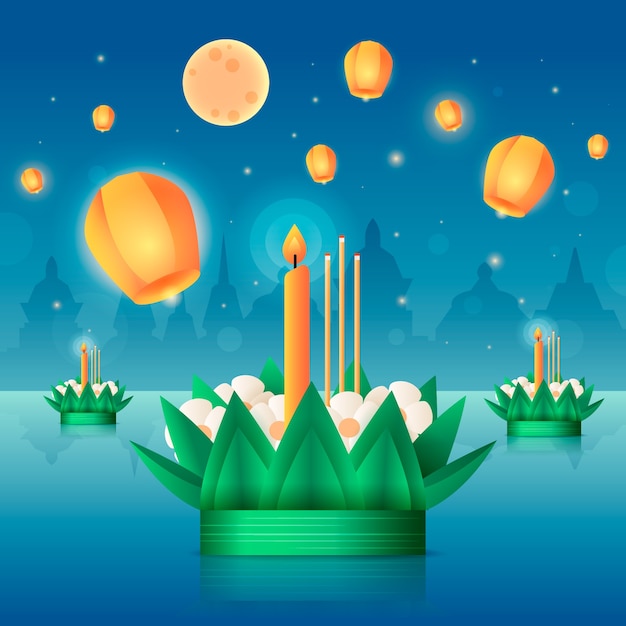 무료 벡터 loy krathong 태국 축제 축하를 위한 그라데이션 그림