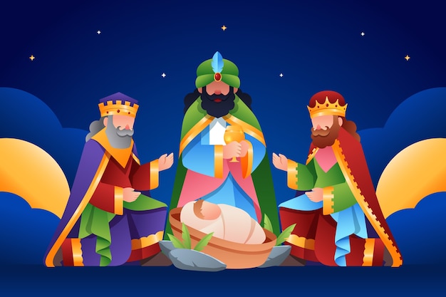 Gradient illustration of reyes magos arriving to the nativity scene