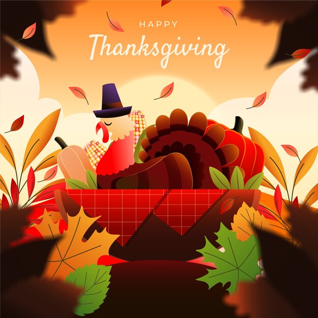 gradient illustration for thanksgiving celebration with turkey and leaves