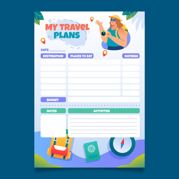 Modello di itinerario di viaggio con illustrazioni sfumate