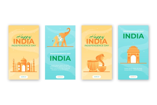 Free vector gradient india independence day instagram stories collection