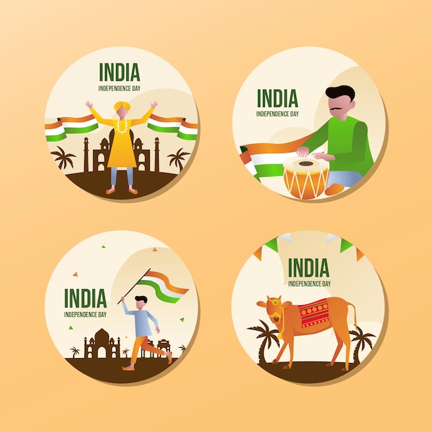 Gradient india independence day labels collection