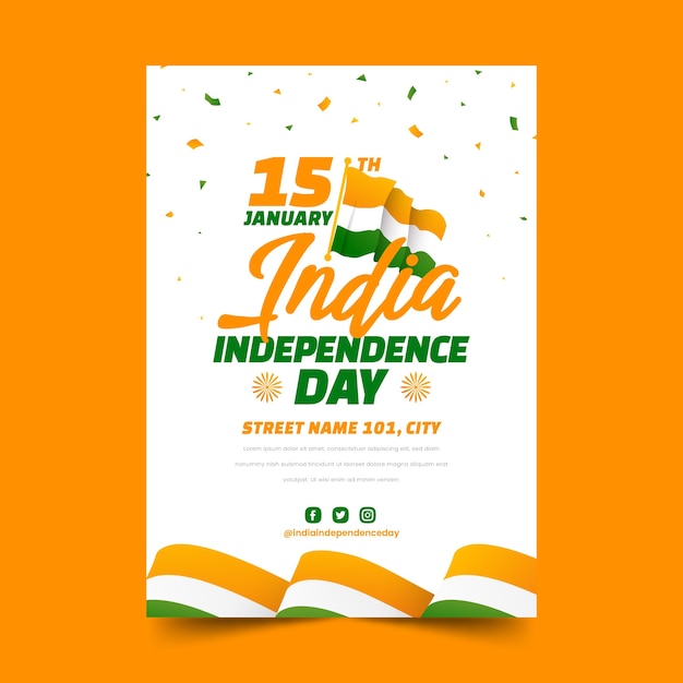 Free vector gradient india independence day poster template with flag