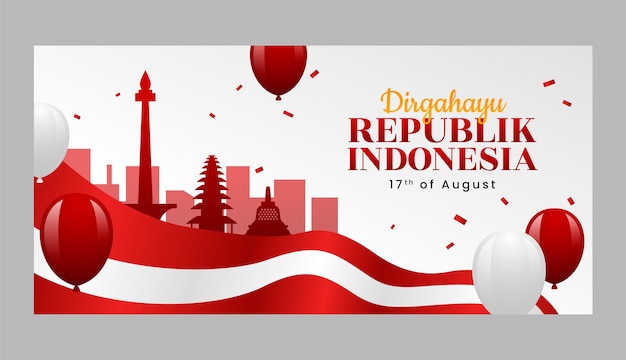 Modello di banner orizzontale del giorno dell'indipendenza dell'indonesia sfumato con palloncini e bandiera