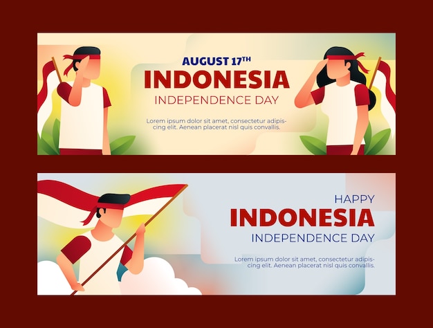 Vettore gratuito modello di banner orizzontale del giorno dell'indipendenza dell'indonesia gradiente