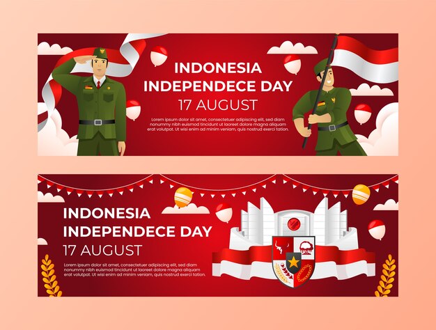 Gradient indonesia independence day horizontal banners set with soldiers