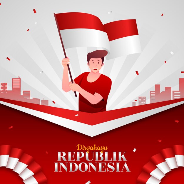 깃발을 들고 있는 사람이 있는 그라데이션 인도네시아 독립 기념일 그림