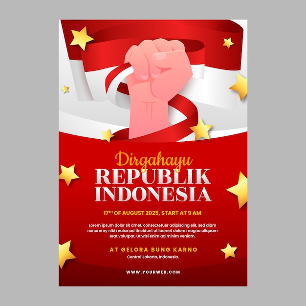 Vettore gratuito modello di poster verticale del giorno dell'indipendenza dell'indonesia sfumato con il pugno in su