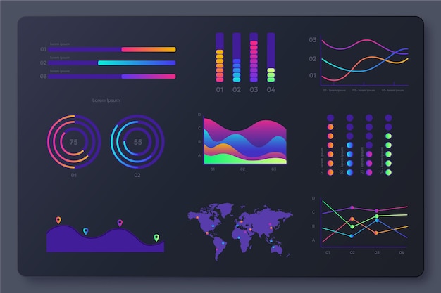 Gradient infographic dashboard elements pack