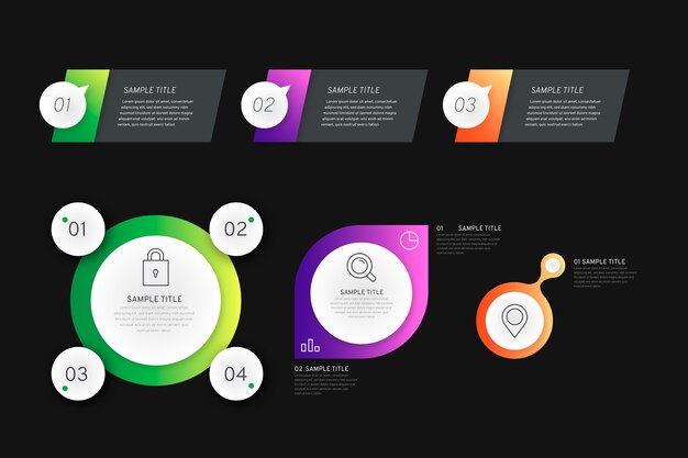 Элементы градиента инфографики на черном фоне с текстовыми полями