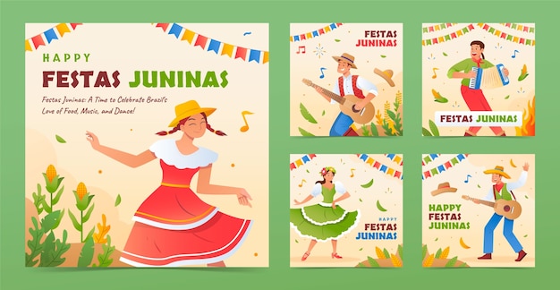 Vettore gratuito raccolta di post instagram sfumati per la celebrazione brasiliana delle feste juninas