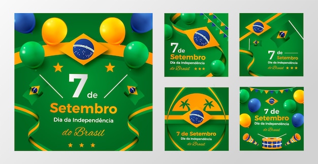 Vettore gratuito raccolta di post instagram sfumati per la celebrazione del giorno dell'indipendenza brasiliana