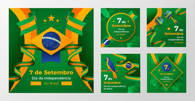 Vettore gratuito raccolta di post instagram sfumati per la celebrazione del giorno dell'indipendenza brasiliana