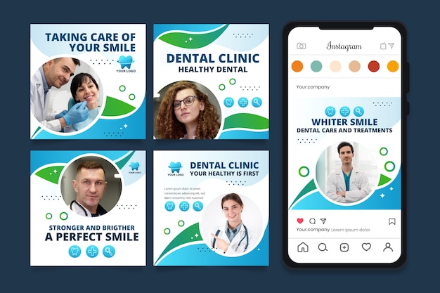 Gradient instagram posts collection for dental clinic business