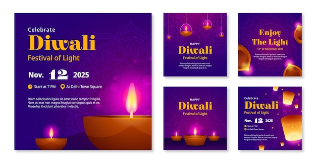 Free vector gradient instagram posts collection for diwali hindu festival celebration