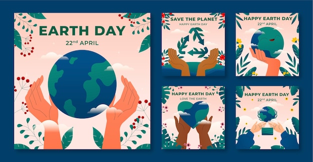 Gradient instagram posts collection for earth day celebration