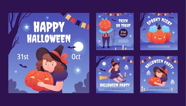 Free vector gradient instagram posts collection for halloween season