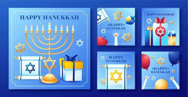 Free vector gradient instagram posts collection for hanukkah celebration