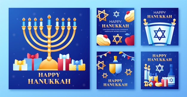 Vettore gratuito raccolta di post instagram sfumati per la celebrazione di hanukkah