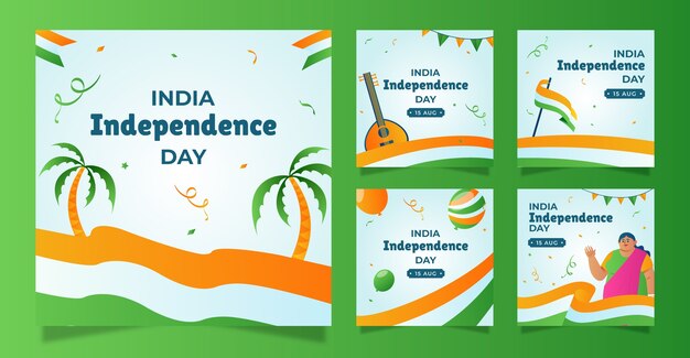 インド独立記念日のお祝いのためのグラデーションの Instagram 投稿コレクション