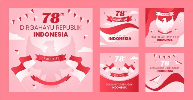 Gradient instagram posts collection for indonesia independence day celebration