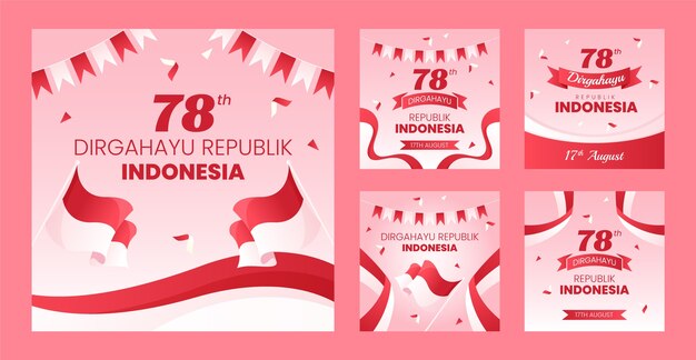인도네시아 독립 기념일 축하를 위한 그라데이션 인스타그램 게시물 모음