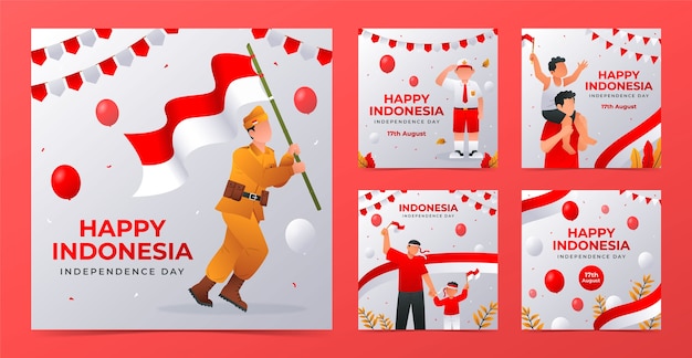 Vettore gratuito raccolta di post instagram sfumati per la celebrazione del giorno dell'indipendenza dell'indonesia