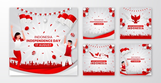 Gradient instagram posts collection for indonesia independence day celebration