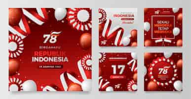 Vettore gratuito raccolta di post instagram sfumati per la celebrazione del giorno dell'indipendenza dell'indonesia
