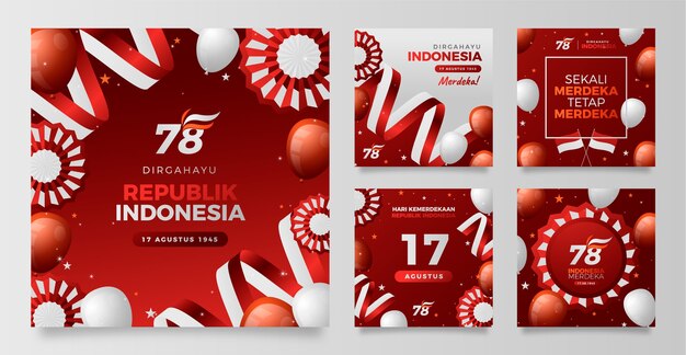 インドネシア独立記念日のお祝いのためのグラデーションInstagram投稿コレクション
