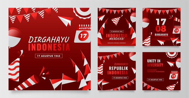 Gradient instagram posts collection for indonesia independence day celebration