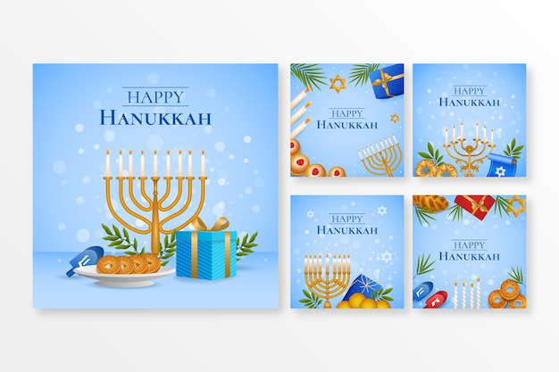Vettore gratuito raccolta di post instagram sfumati per la celebrazione ebraica di hanukkah