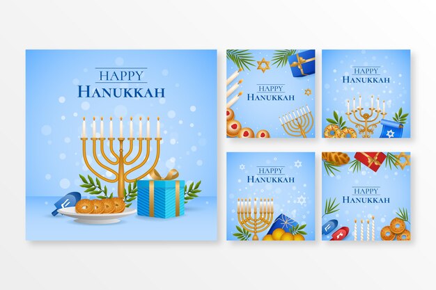 Gradient instagram posts collection for jewish hanukkah celebration