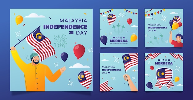 Free vector gradient instagram posts collection for malaysia independence day celebration