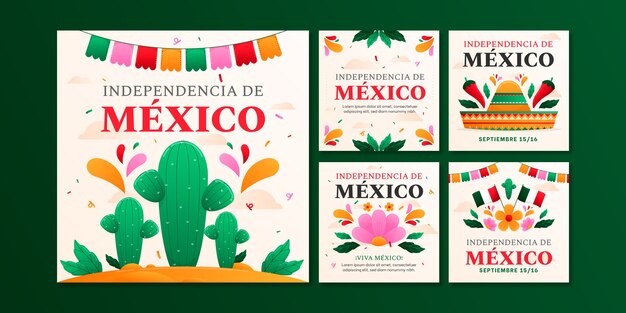 メキシコ独立のお祝いのためのグラデーションのInstagramの投稿コレクション