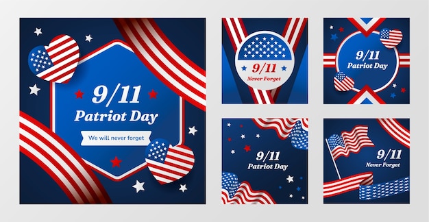 Vettore gratuito gradient instagram pubblica una raccolta di post per la celebrazione della giornata del patriotta dell'11 settembre
