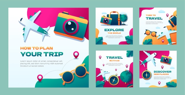 Free vector gradient instagram posts collection for travel agency