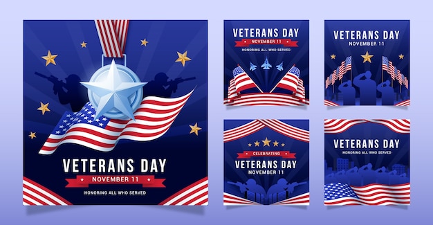 Free vector gradient instagram posts collection for usa veterans day holiday