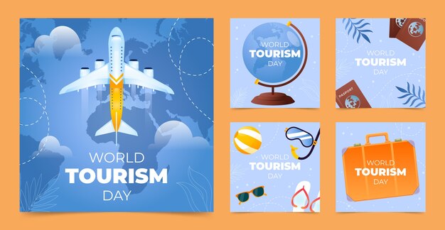 Коллекция градиентных постов в instagram для празднования всемирного дня туризма