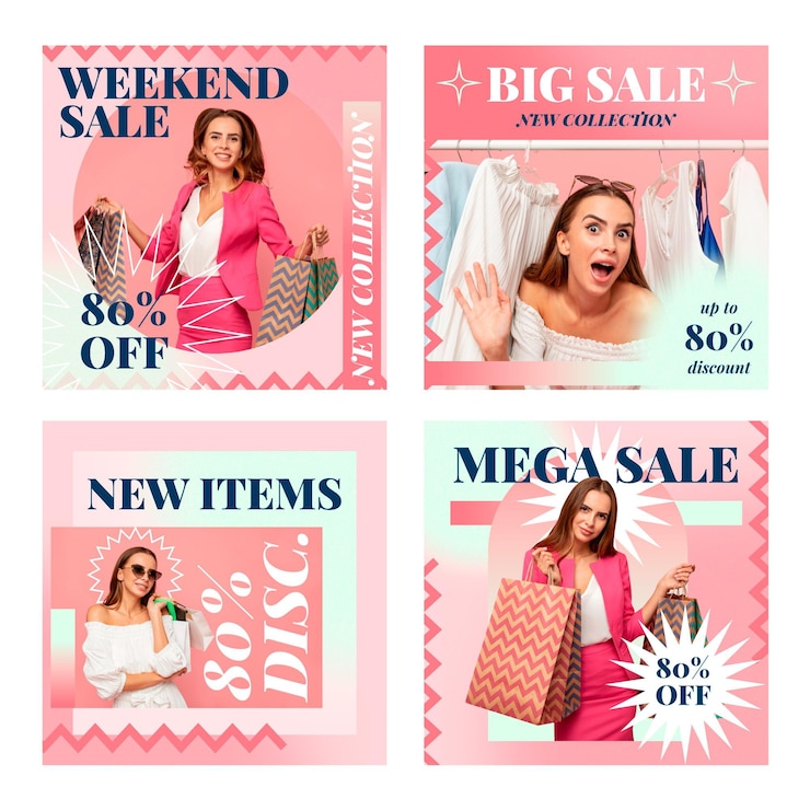Free Vector gradient instagram sale posts collection with photo