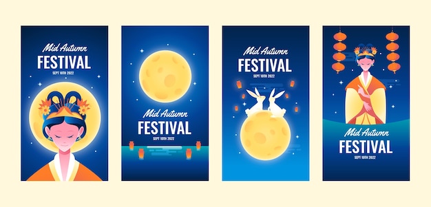 Free vector gradient instagram stories collection for mid-autumn festival celebration