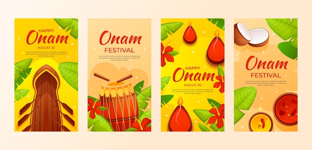 Vettore gratuito raccolta di storie di instagram sfumate per la celebrazione di onam