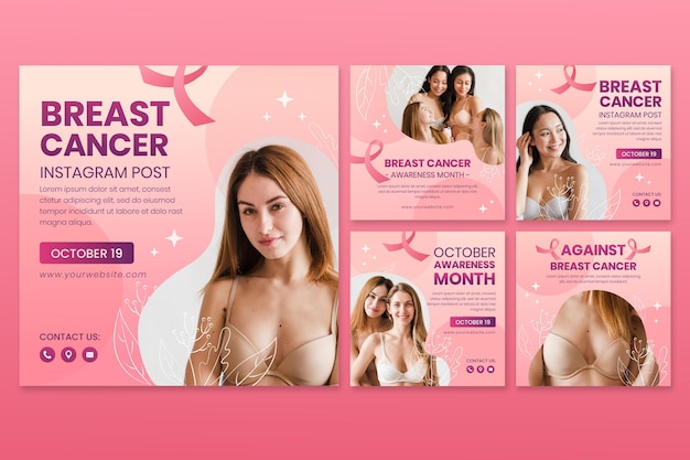 Free vector gradient international day against breast cancer instagram posts collection with photo