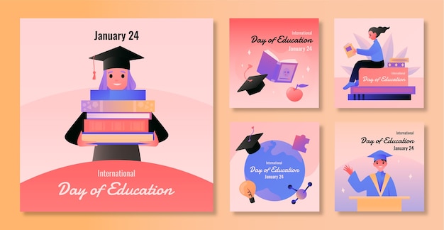 Free vector gradient international day of education instagram posts collection