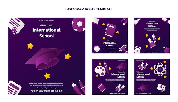 Vettore gratuito collezione di post di instagram della scuola internazionale sfumata