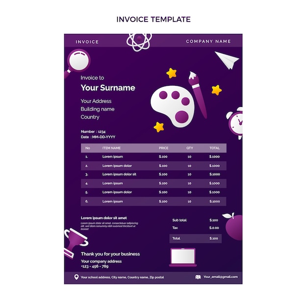 Free vector gradient international school invoice template