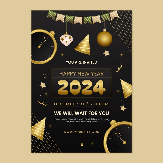 黄金のクリスマス飾りと新年 2024 のグラデーションの招待状テンプレート