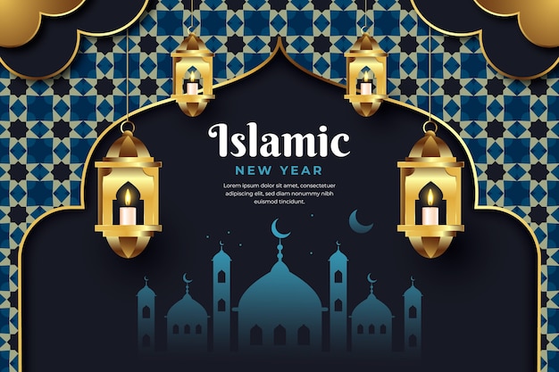 Free vector gradient islamic new year background with golden lamps