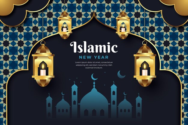 Gradient islamic new year background with golden lamps